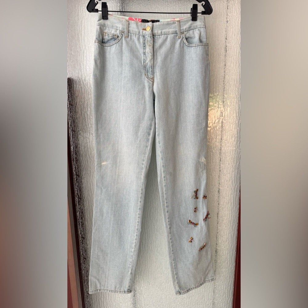 Fendi Light Blue Straight Leg Jeans with Dragonfly Embellishment